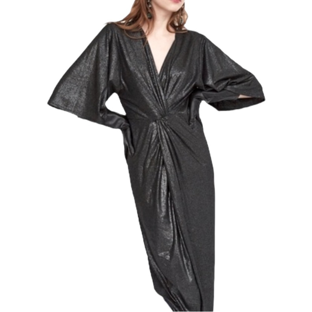 Zara Trafaluc deep v maxi dress shimmery glitter knotted front size medium